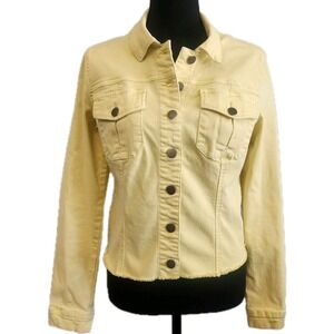 Kut from the Kloth L Denim Jacket Butter Yellow  Frayed Pastel Preppy Clean Girl